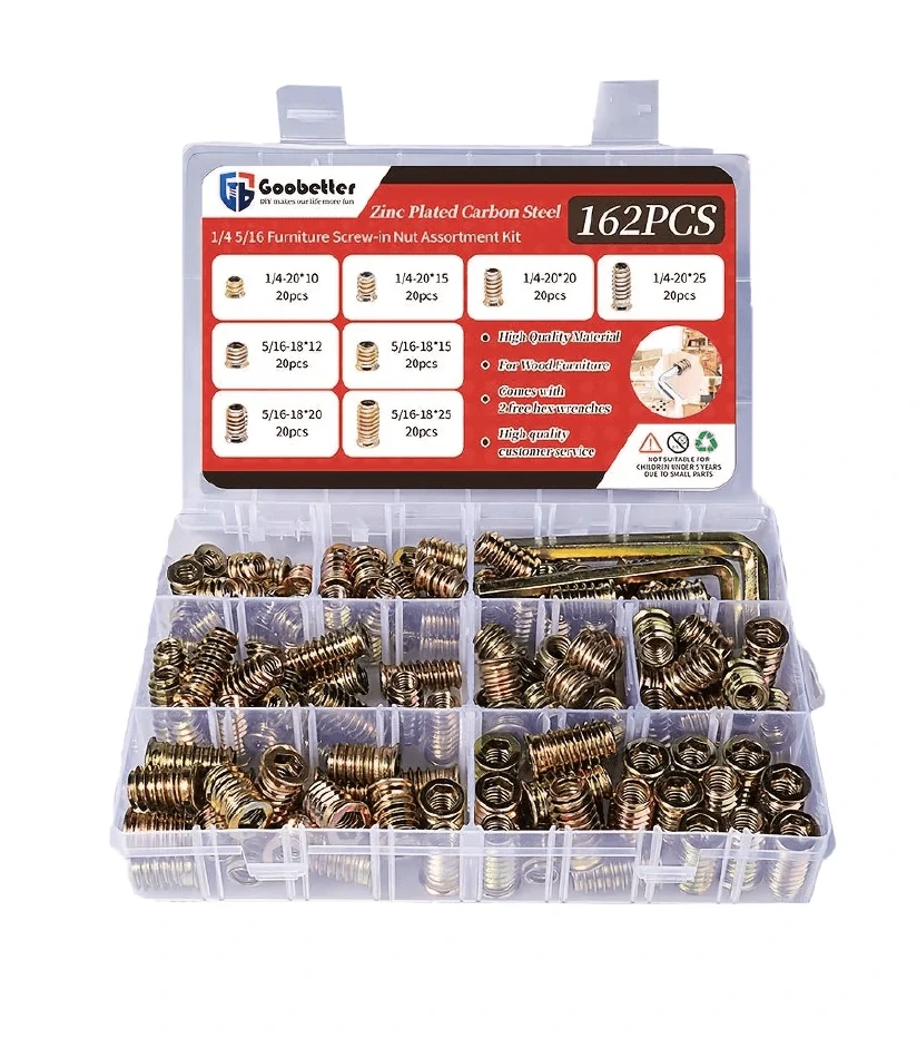 162Pcs Threaded Wood Inserts Kit - Carbon Steel Zinc Plated Furniture Nuts