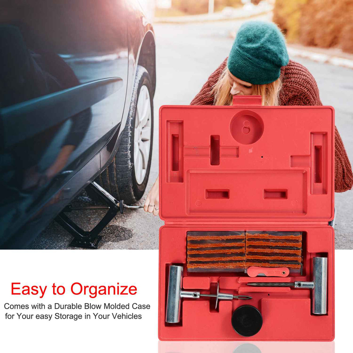 57 Pcs Universal Tire Repair Tools Kit Flat Tire Puncture Repair Tools for Cars Trucks