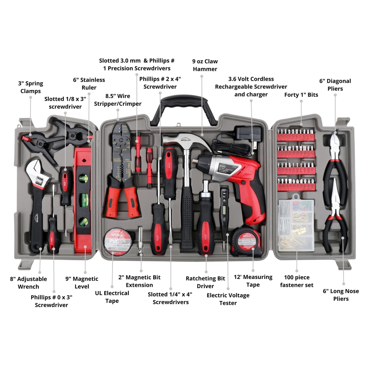 161 Piece Household Tool Kit with Convenient 3.6 Volt Lithium Ion Cordless Screwdriver - DT0739