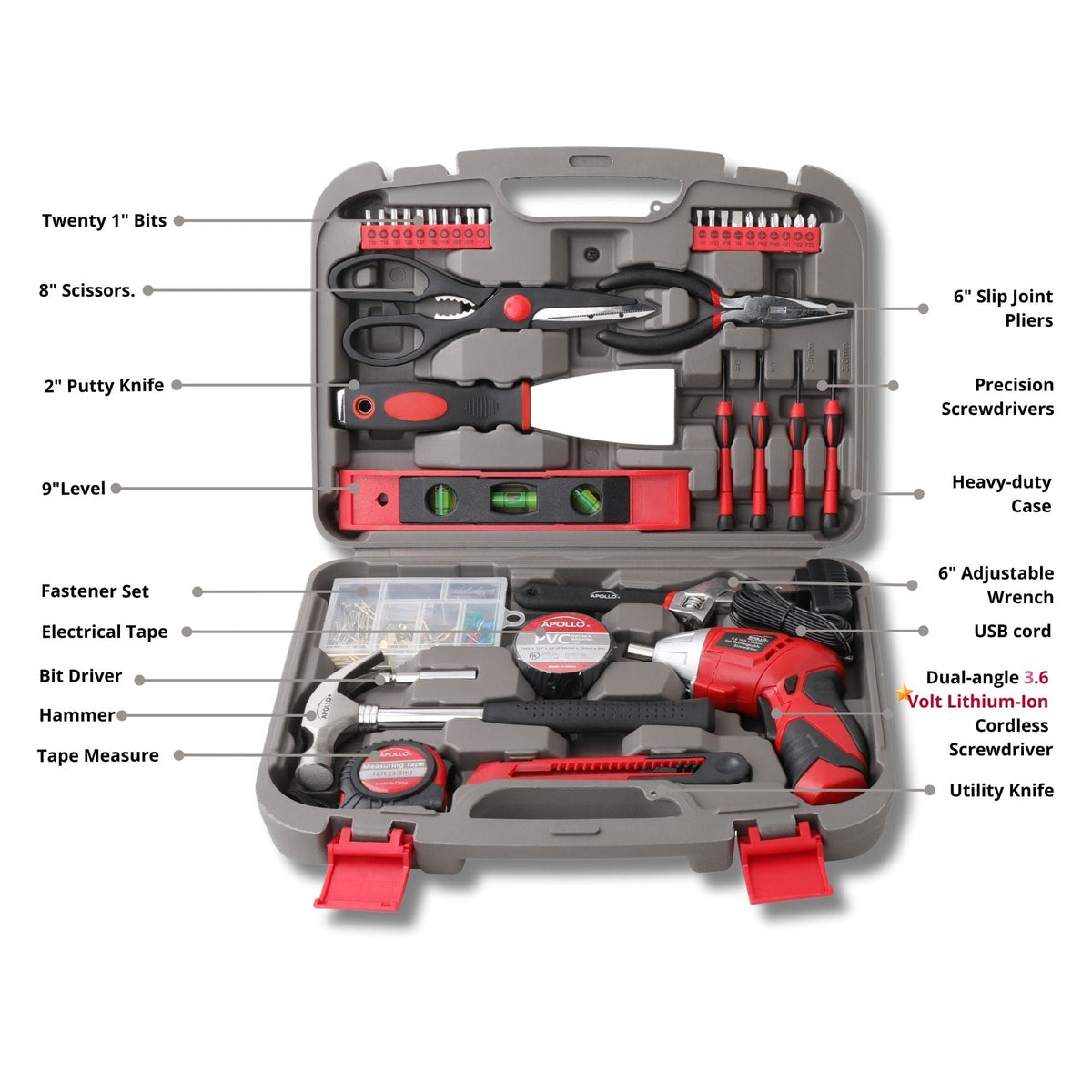 135 Piece Household Tool Set with Pivoting Dual-Angle 3.6 Volt Lithium-Ion Cordless Screwdriver - DT0773