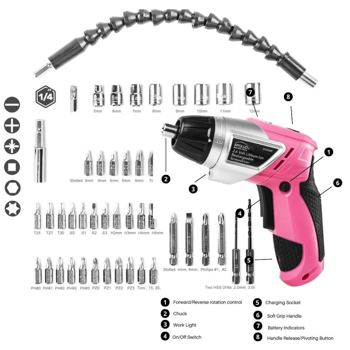 3.6 Volt Lithium-Ion Rechargeable Screwdriver with 45 Piece Accessory Set - Pink DT4944P