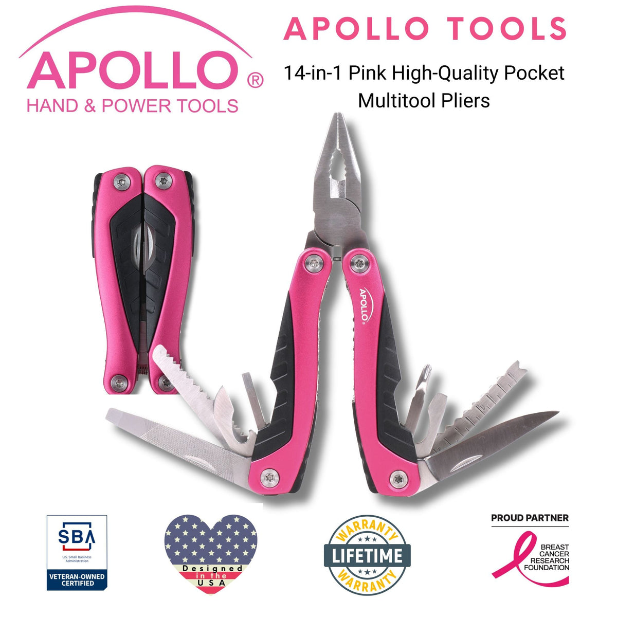14-in-1 Pink High-Quality Pocket Multitool Pliers. Great for Outdoors, Camping, Fishing --DT5015P