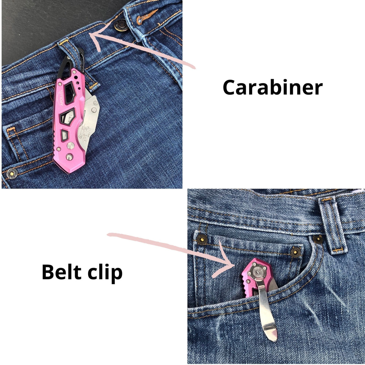 Ergonomic Stainless Steel, Lightweight, Foldable Pink Utility Knife with Carabiner Clip and Fast-Change Blade - DT5017P