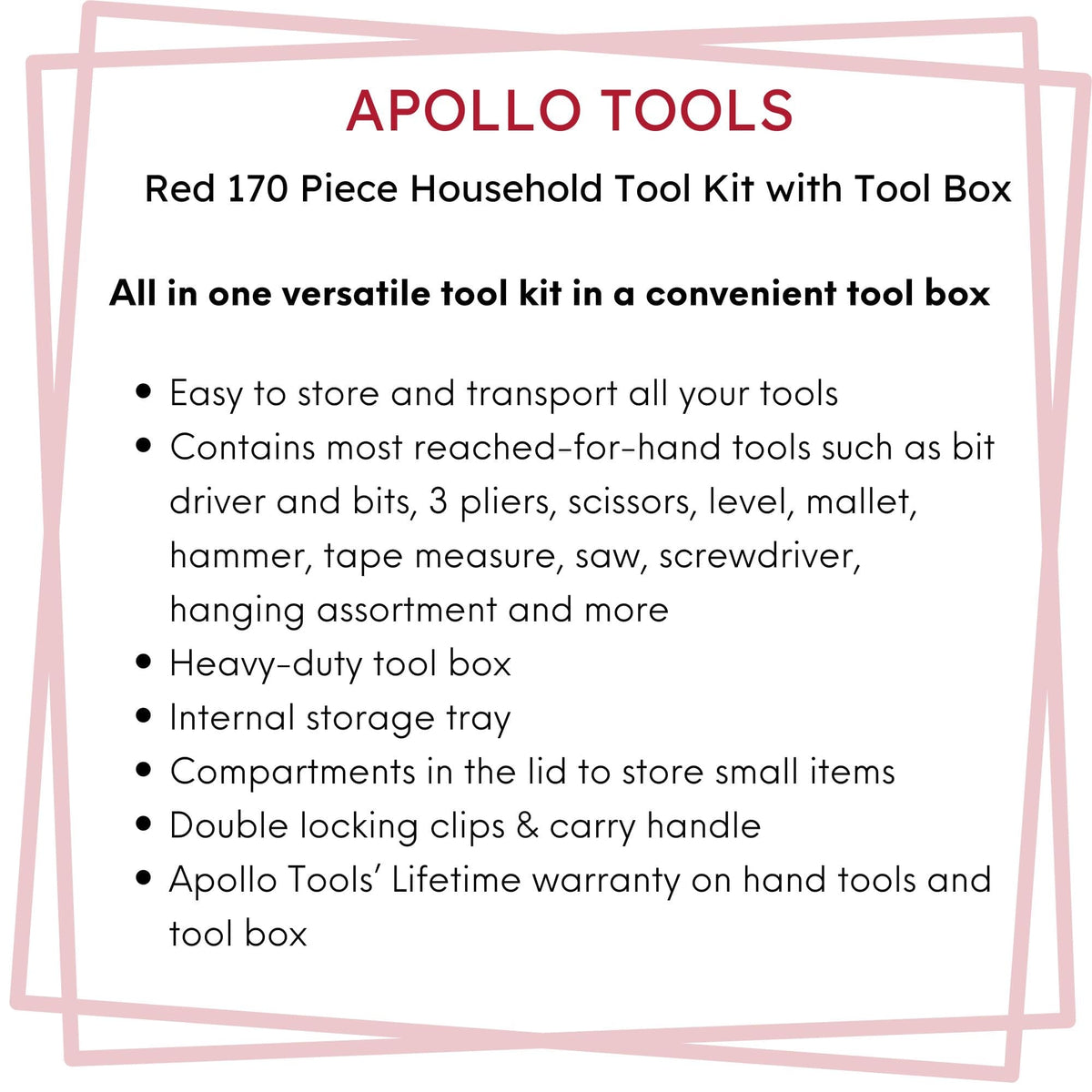 Red 170 Piece Household Tool Kit with New and Improved Tool Box - DT7103