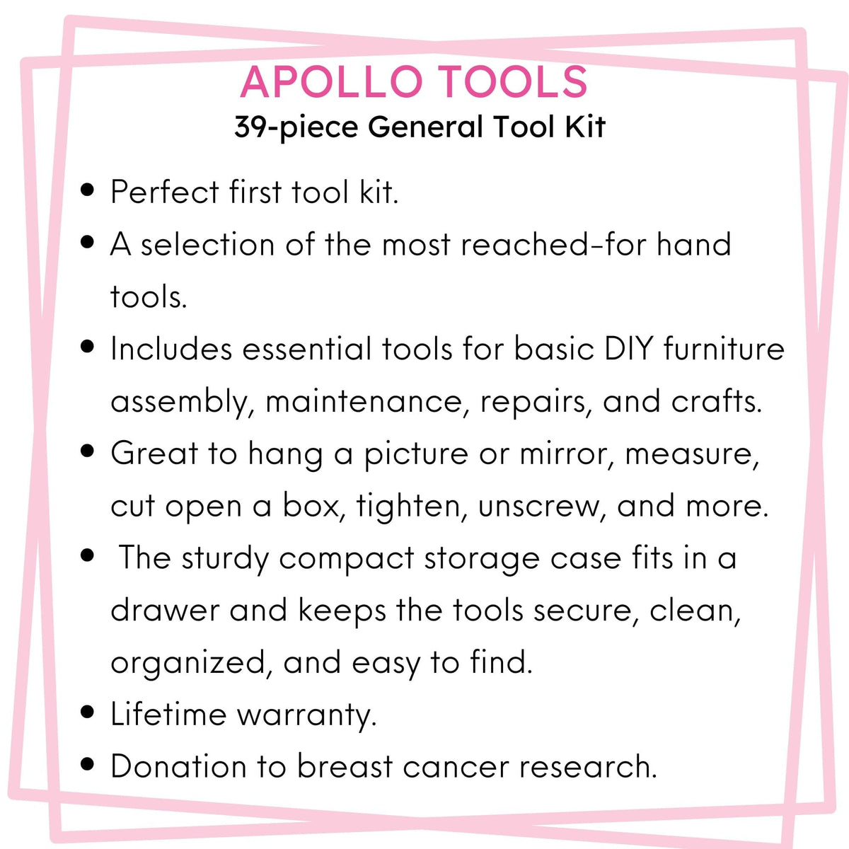 Apollo Tools New and Improved 39 Piece General Pink Tool Set in Storage Case for DIY Everyday Home Maintenance and Repairs- DT9711P