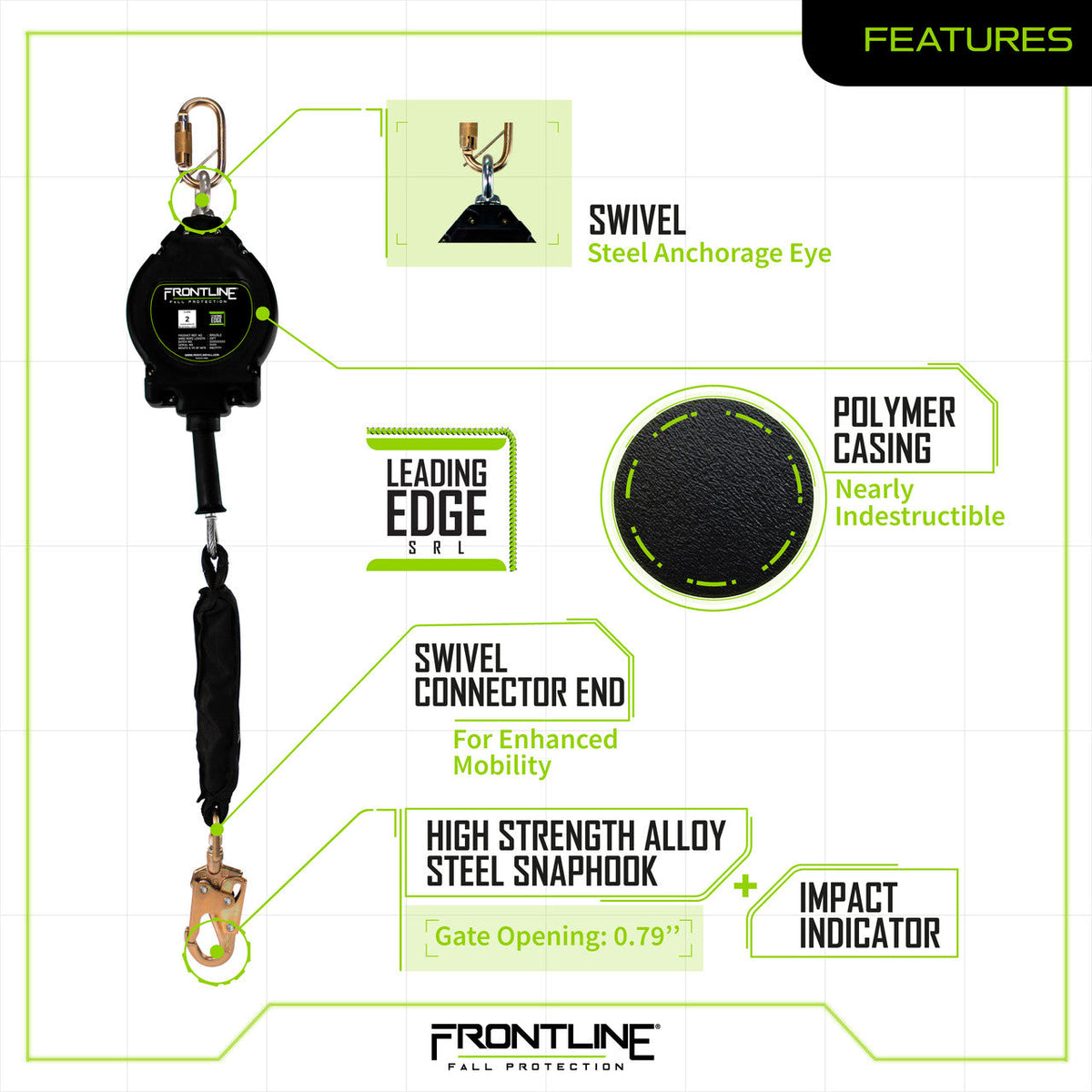Frontline RPG25LE Leading Edge Cable Single Leg SRL with Steel Snap Hook End