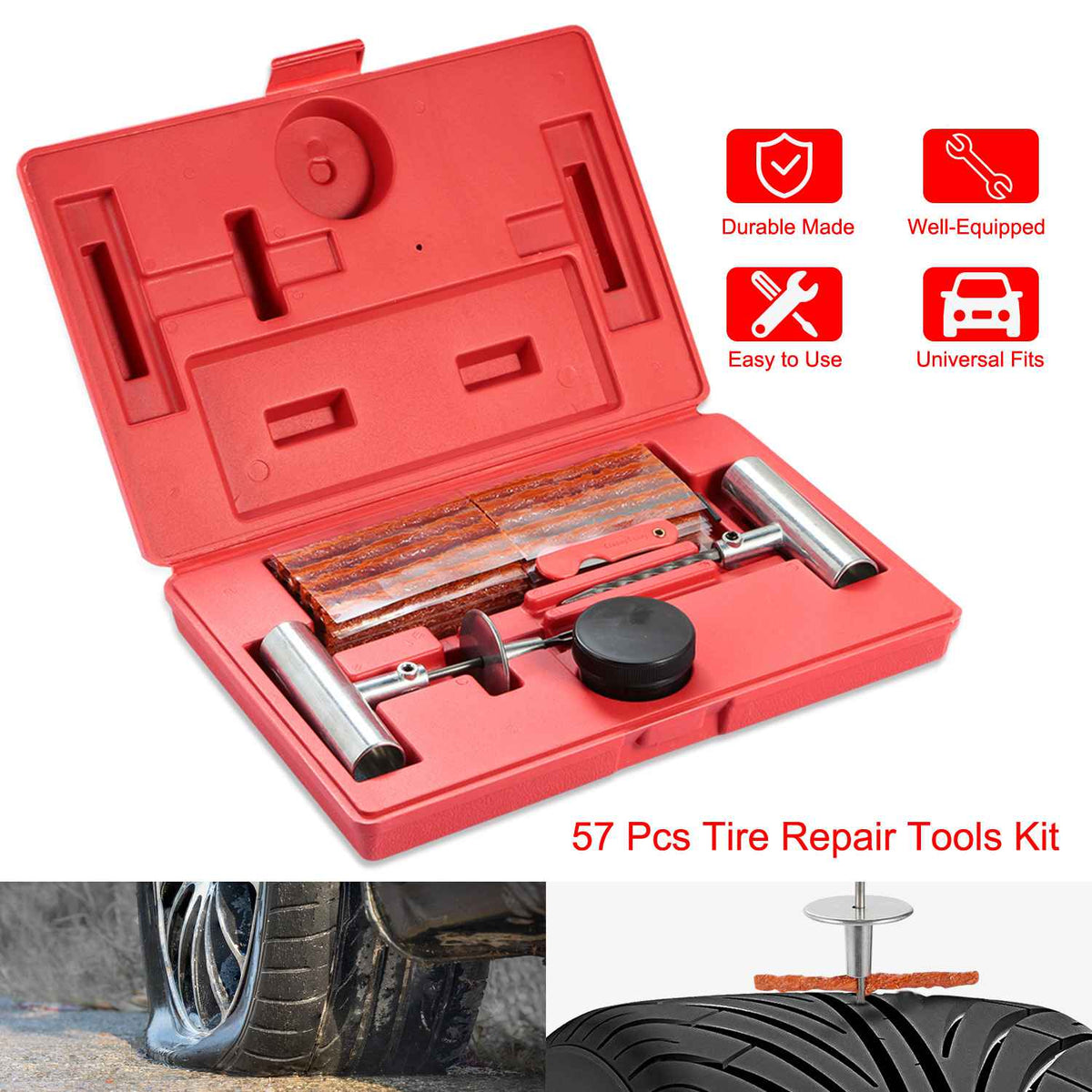 57 Pcs Universal Tire Repair Tools Kit Flat Tire Puncture Repair Tools for Cars Trucks