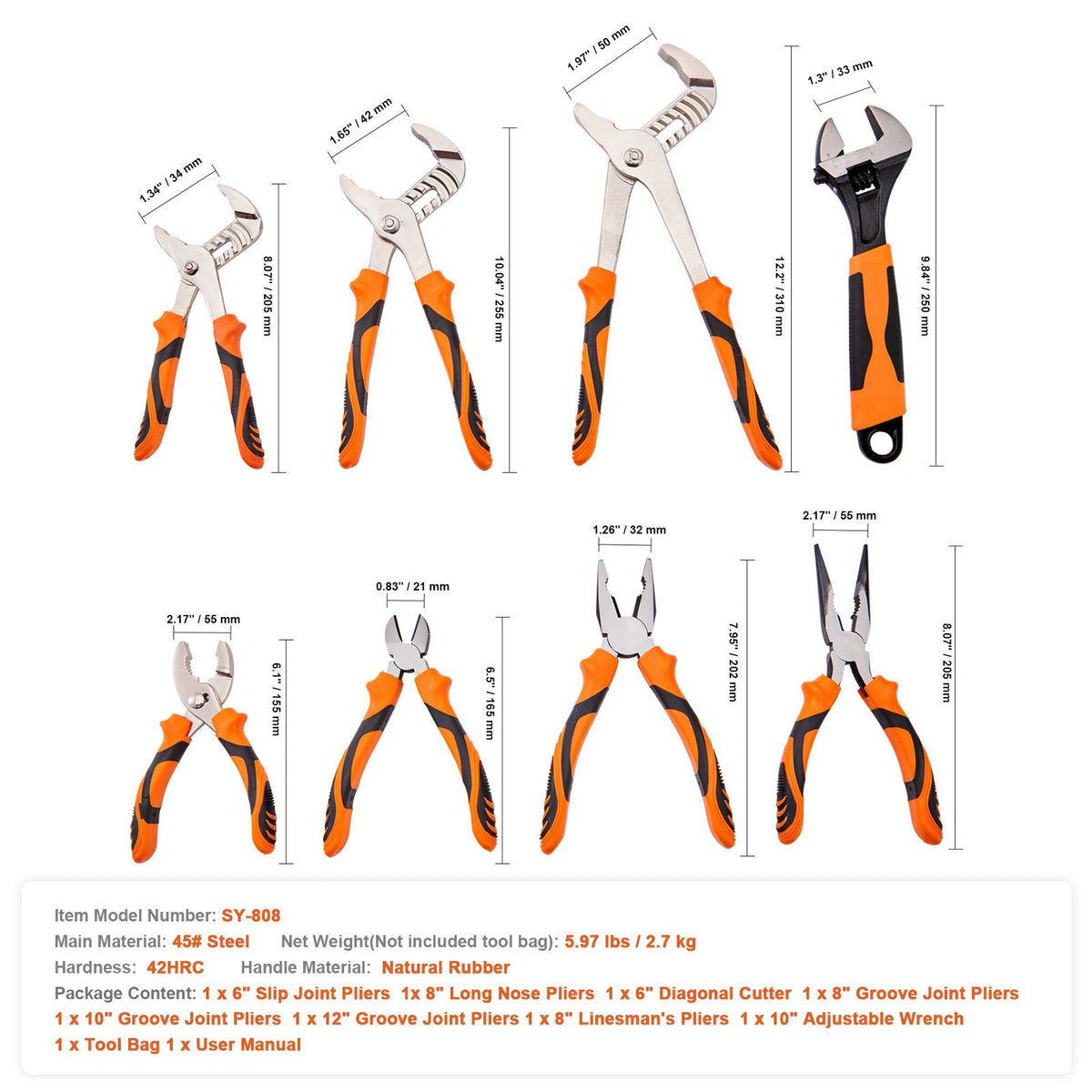 8-Piece Pliers Set High Carbon Steel 12"/10"/8" Pliers and Tool Bag