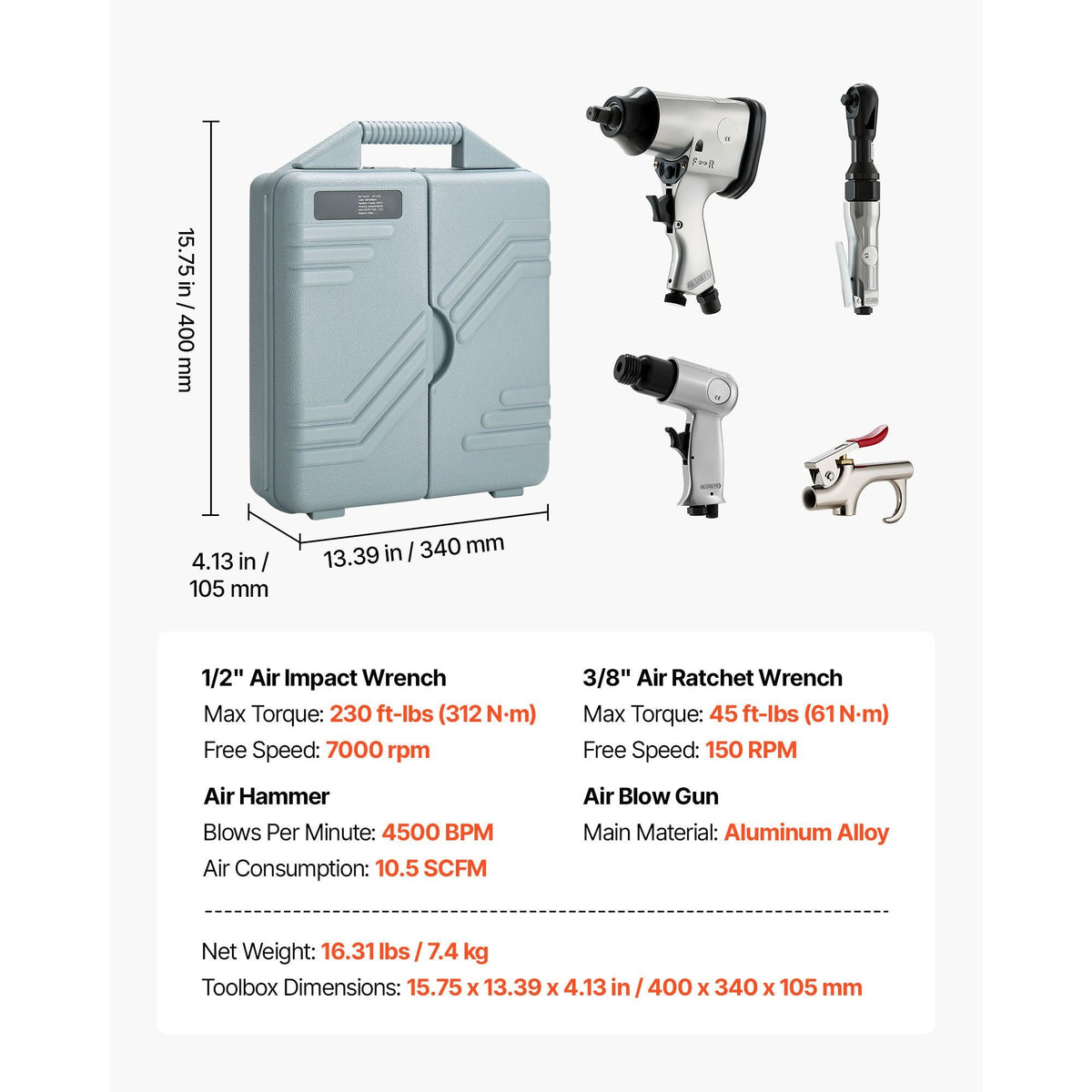 50 Pieces Pro Air Tool and Accessories Kit 1/2" Air Impact Wrench 3/8" Ratchet Wrench 4500BPM Air Hammer