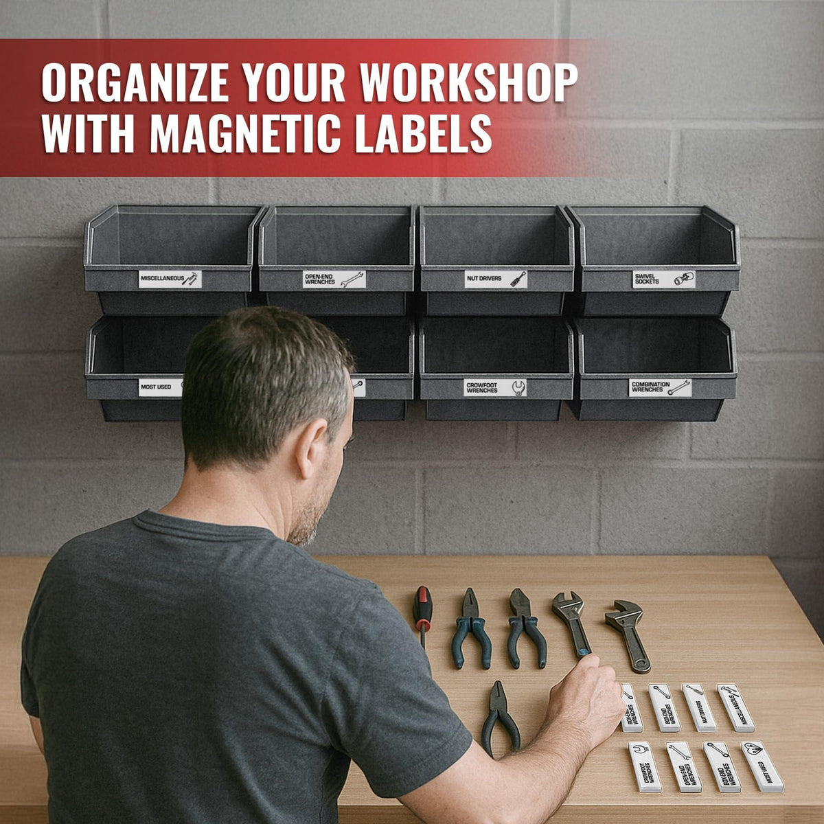 90 Pcs Magnetic Tool Box Labels 3.5x1 inch White Magnetic Toolbox Labels for Tool Box Drawers Strong Magnet Toolbox Organizer Chest Pre Printed & Blanked Emblems for Organization Toolbox Emblems