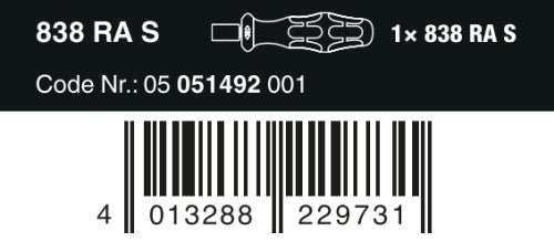 Wera 838 RA S Bitholding Ratcheting Screwdriver 1/4" Drive 05051492001