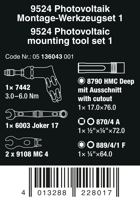 Wera 9524 Solar Photovoltaic Mounting Tool Set 1 Metric 05136043001