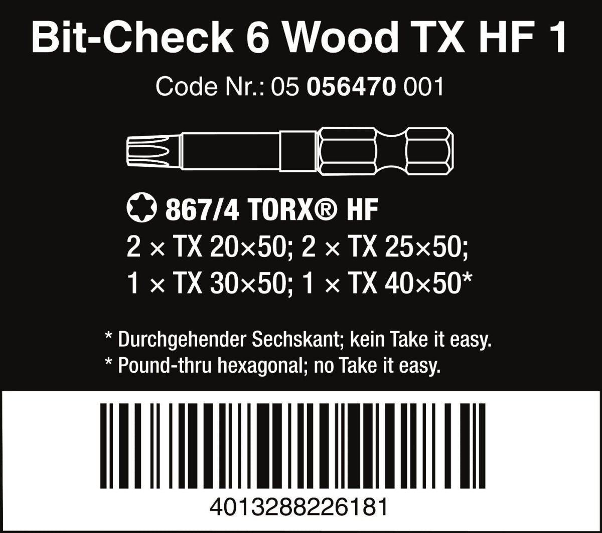 Wera Bit-Check 6 Wood TX HF 1 TORX® Bit Set 6 Pieces 05056470001