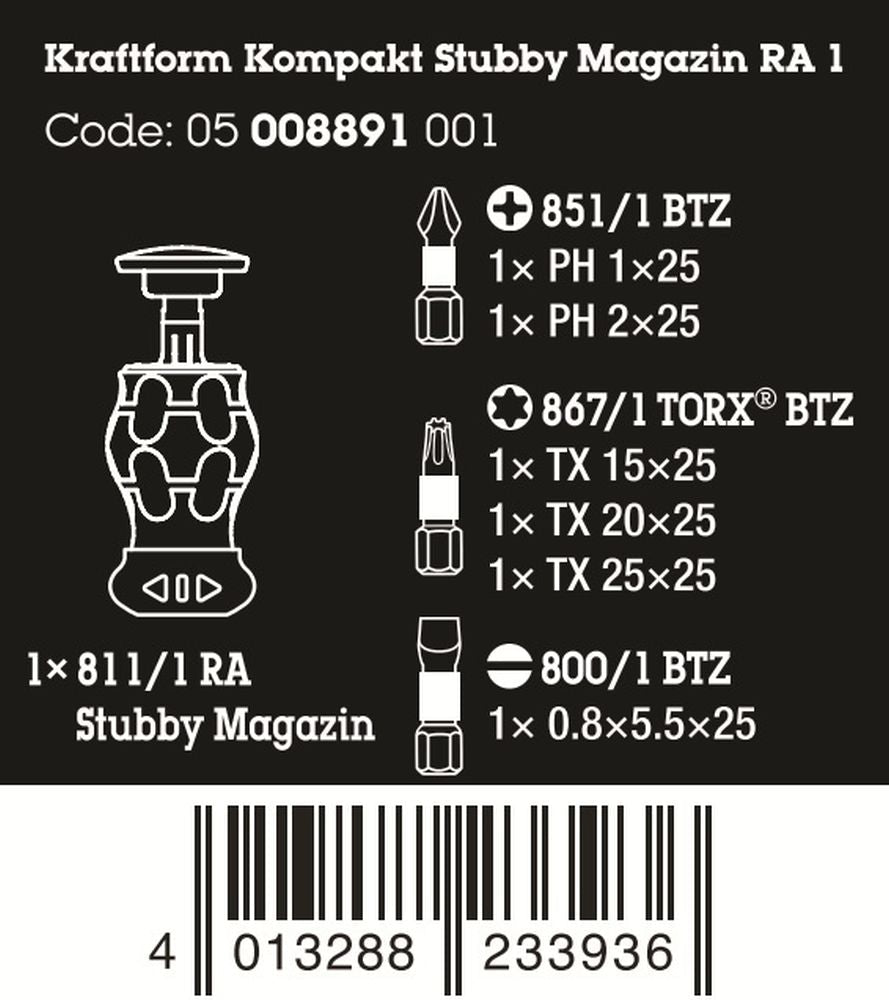 Wera Kraftform Kompakt Stubby Magazine RA 1 Screwdriver Set 6 Pieces 05008891001