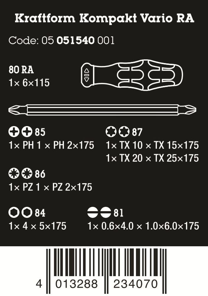 Wera Kraftform Kompakt Vario RA Ratcheting Screwdriver Set Metric 05051540001