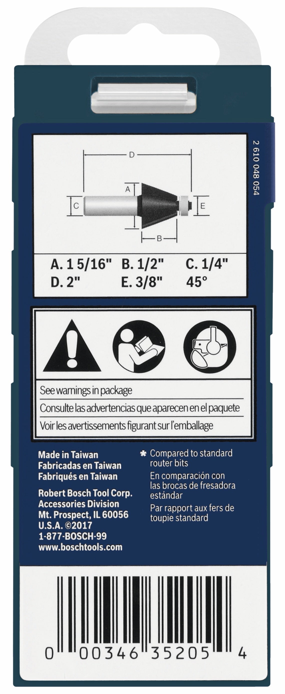 BOSCH 85298MC 1-5/16 In. x 45° Carbide-Tipped Chamfer Router Bit