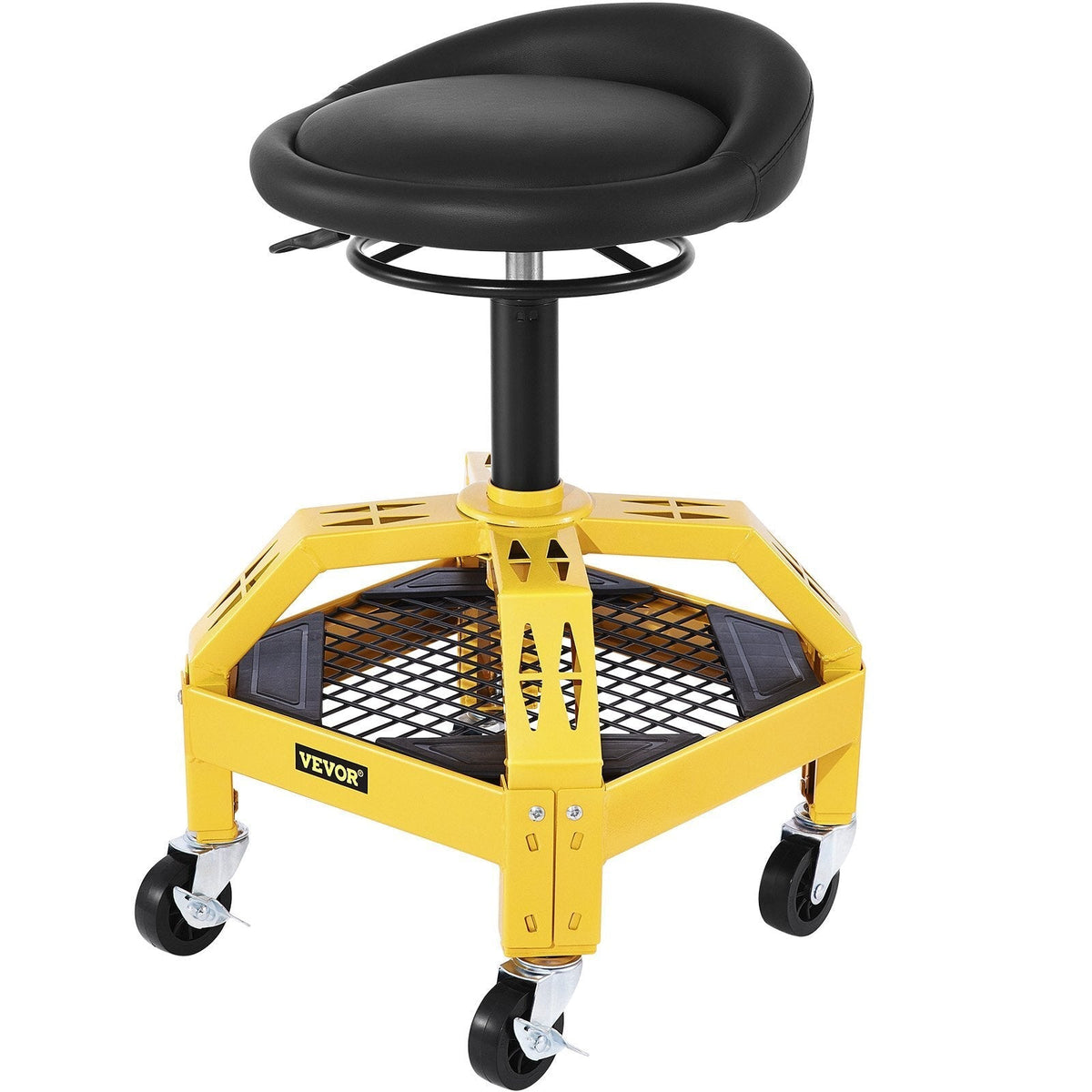 Rolling Garage Stool, 300LBS Capacity, Adjustable Height from 24 in to 28.7 in, Mechanic Seat with 360-degree Swivel Wheels and Tool Tray, for Workshop, Auto Repair Shop, Yellow