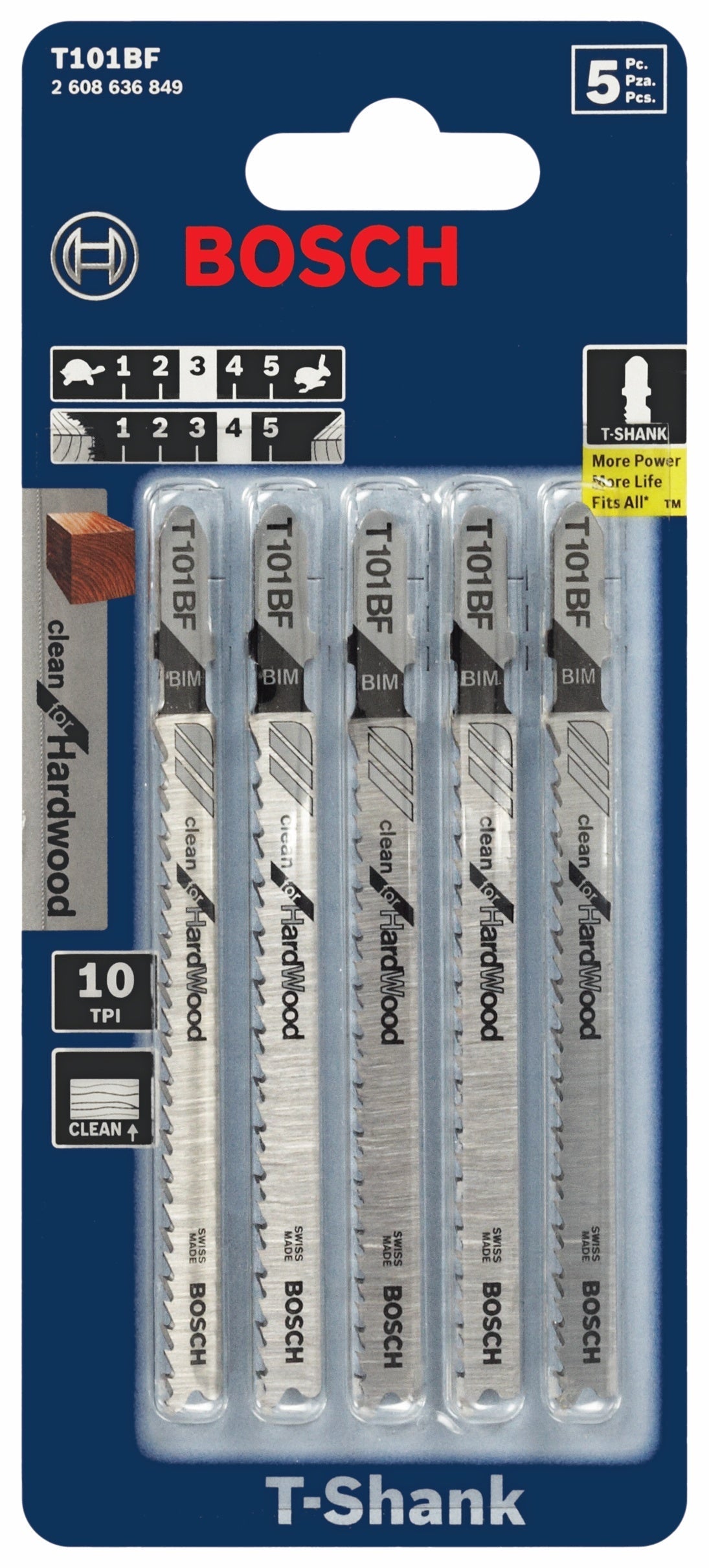 BOSCH T101BF 5 pc. 4 In. 10 TPI Variable Pitch Clean for Hardwood T-Shank Jig Saw Blades