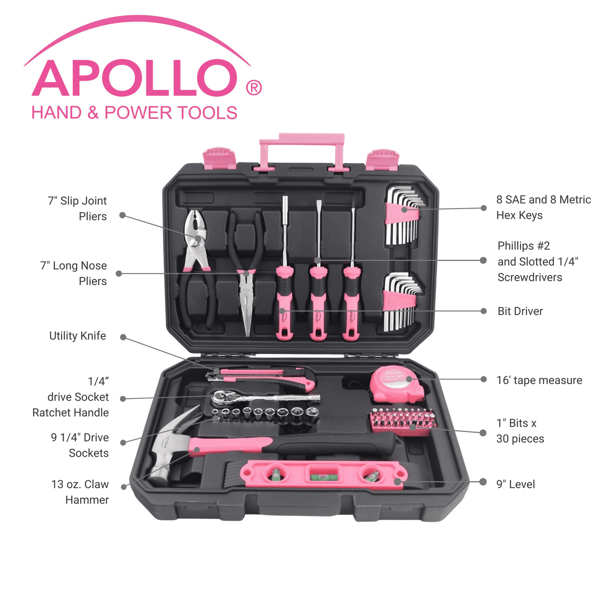 Essential 65-Piece Pink Tool Set with Socket Set and Most-Used Tools for Do it Yourself Repairs and Maintenance - DT0001P