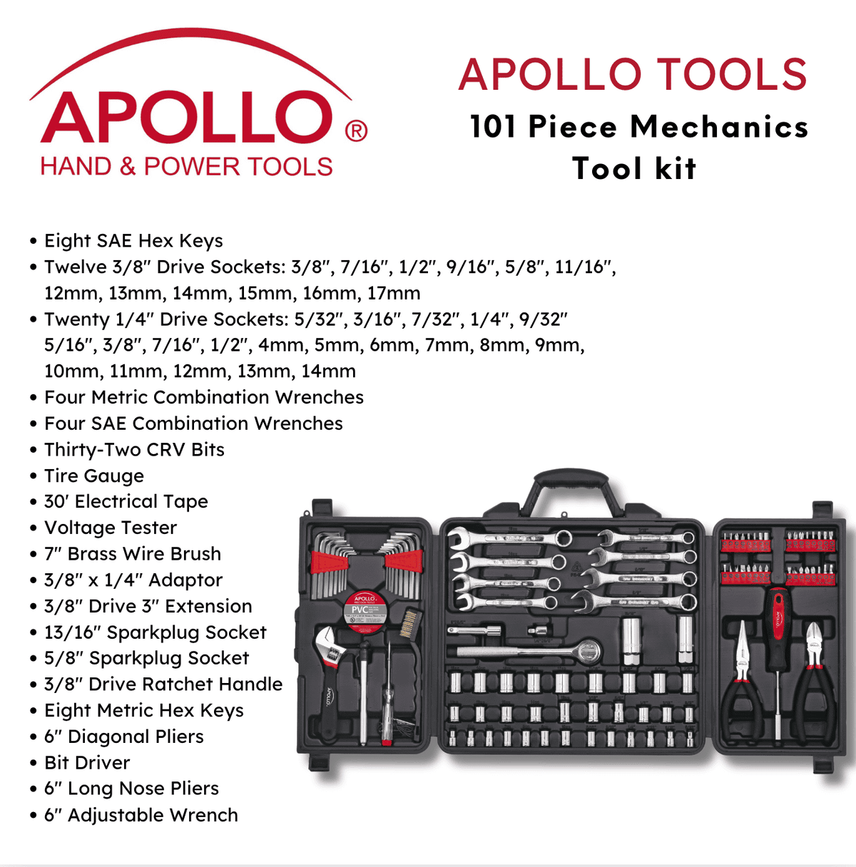 101 Piece Mechanic Tool Set for Vehicle and Home Maintenance, Roadside Emergencies. SAE and Metric Tool Set for Car, Boat, RV, Bikes - DT0006
