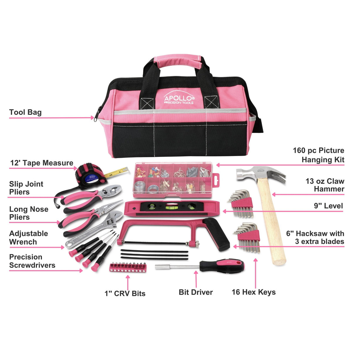 201 Piece Household Tool Kit in a Soft-Sided Tool Bag Pink - DT0020P