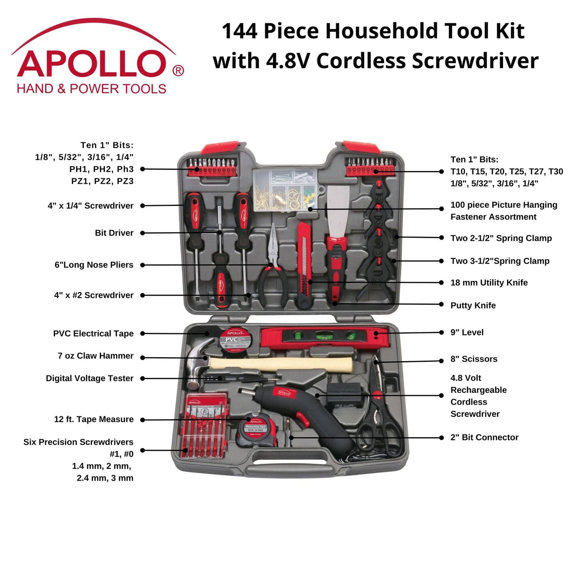 144 Piece Household Tool Kit with 4.8V Cordless Screwdriver - DT8422
