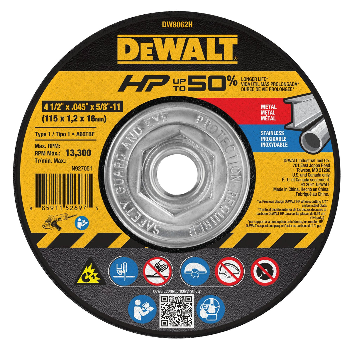 DeWalt DW8062H 4-1/2 In x .045 in Aluminum Oxide Abrasive Chop / Cut-Off Blade with 5/8 in Arbor For Metal Cutting (1 Pack)