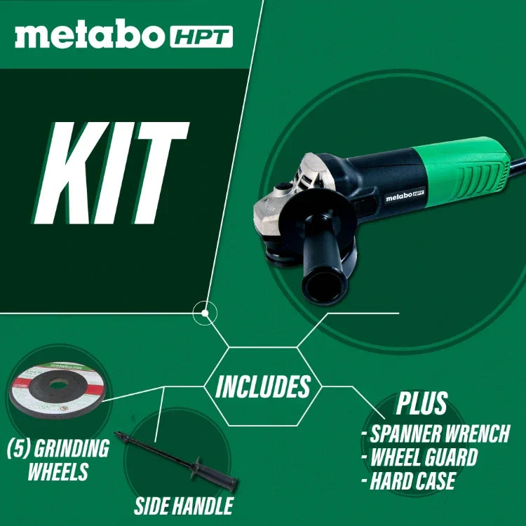Metabo HPT G12SR4M 4-1/2 Inch 6.2 Amp Slide Switch Angle Grinder Kit w/ 5 Abrasive Wheels