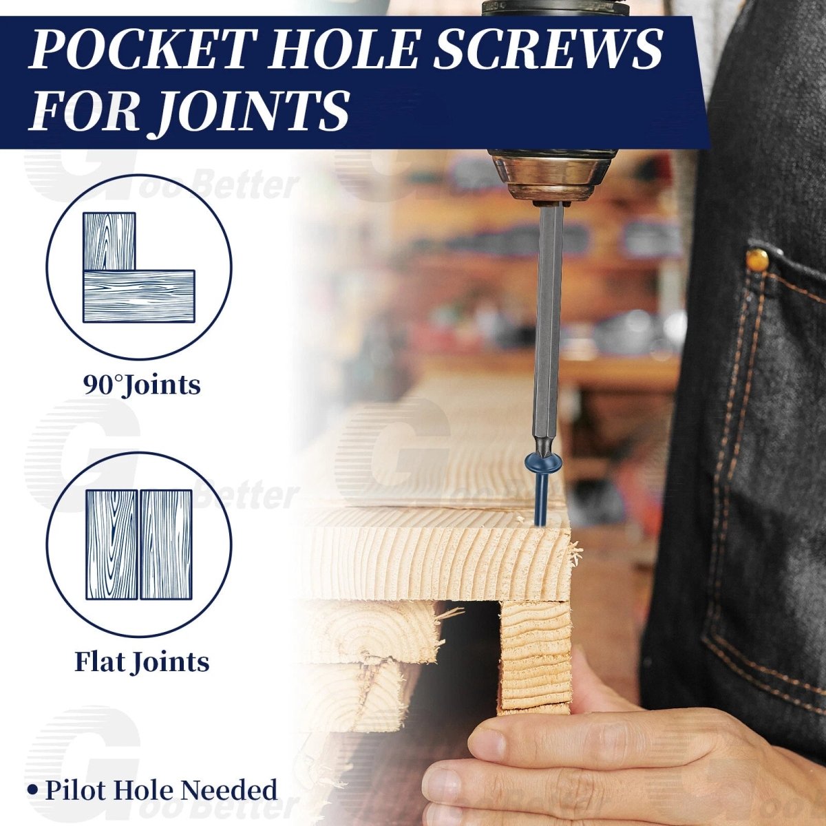 #8 Pocket Hole Screws Exterior Pocket Screw Coarse Thread Square Drive Washer Head Blue Coated With 100MM Drive Bit