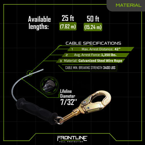 Frontline RPG25LE Leading Edge Cable Single Leg SRL with Steel Snap Hook End