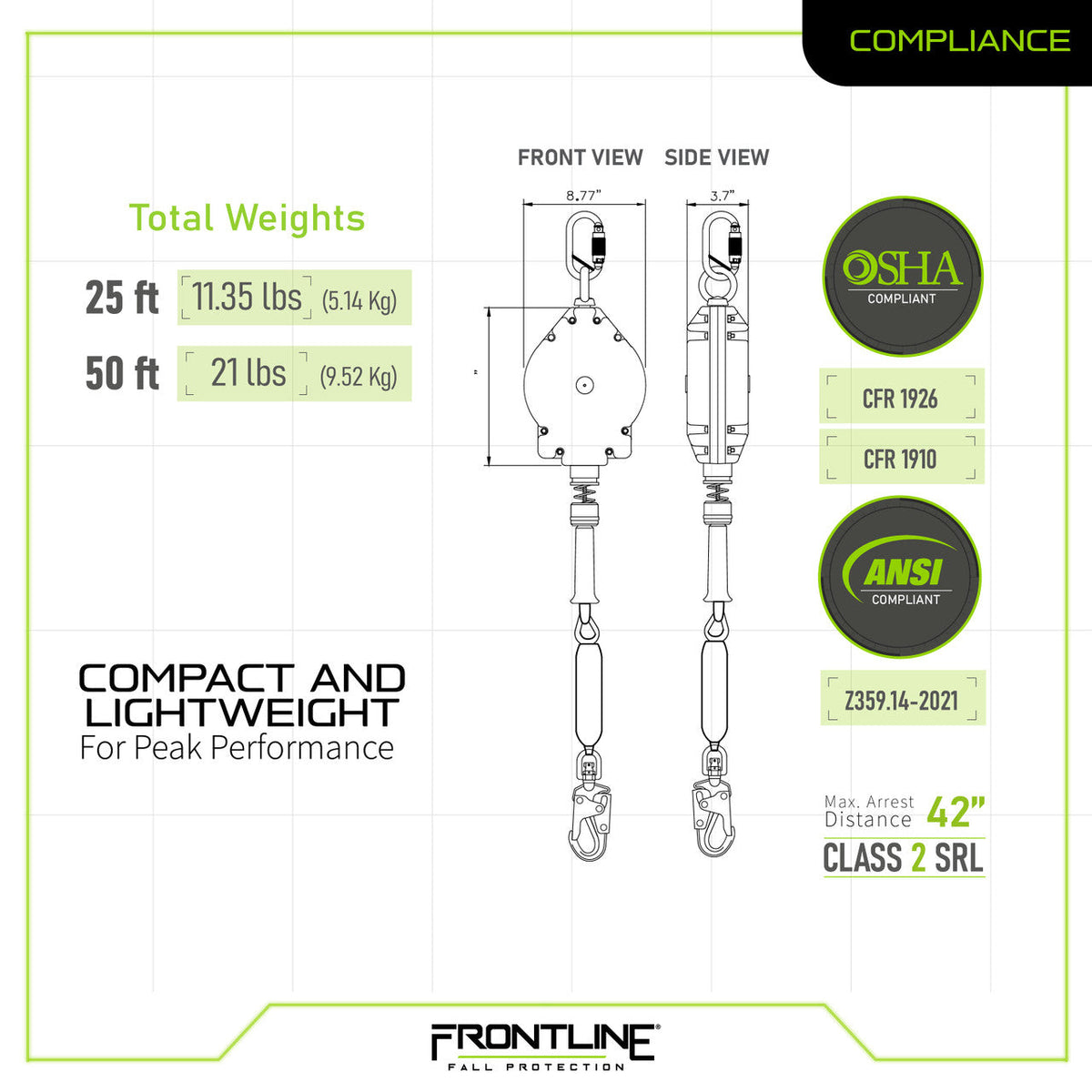 Frontline RPG25LE Leading Edge Cable Single Leg SRL with Steel Snap Hook End