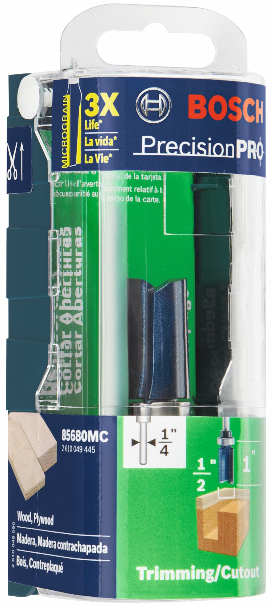 BOSCH 85680MC 1/2 In. x 1 In. Carbide-Tipped Double-Flute Top-Bearing Straight Trim Router Bit