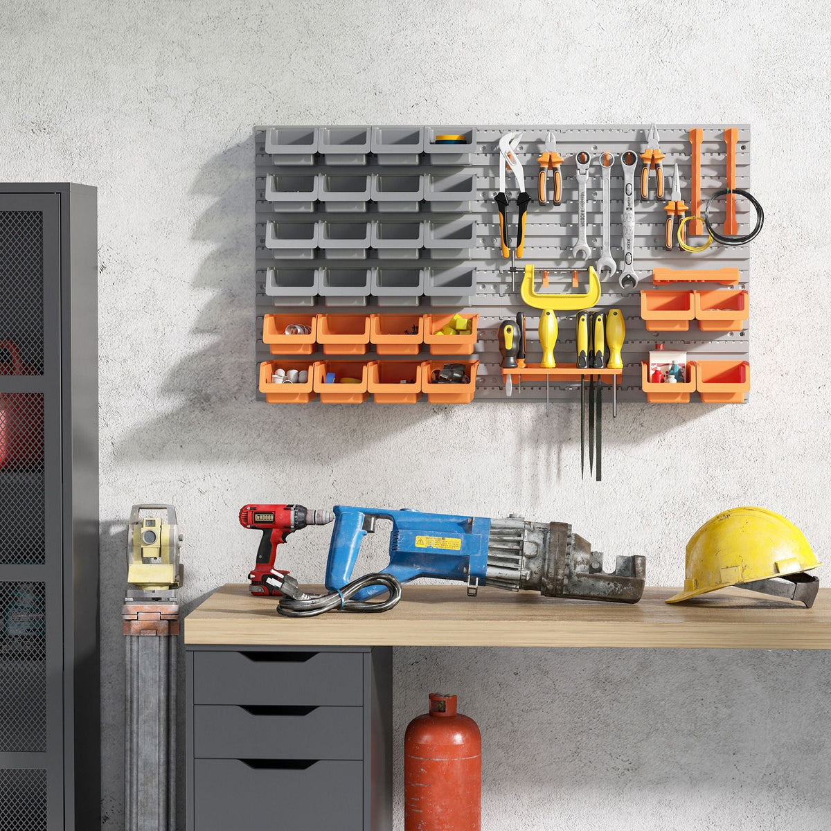 44 PCS Wall Mounted Pegboard Tool Organizer Rack Kit with Various Sized Storage Bins, Pegboard and Hooks, Orange