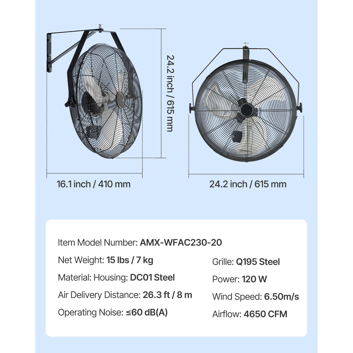 20 Inch Industrial Wall Mount Fan High Velocity 4650 CFM Indoor Fan with 3 Speeds