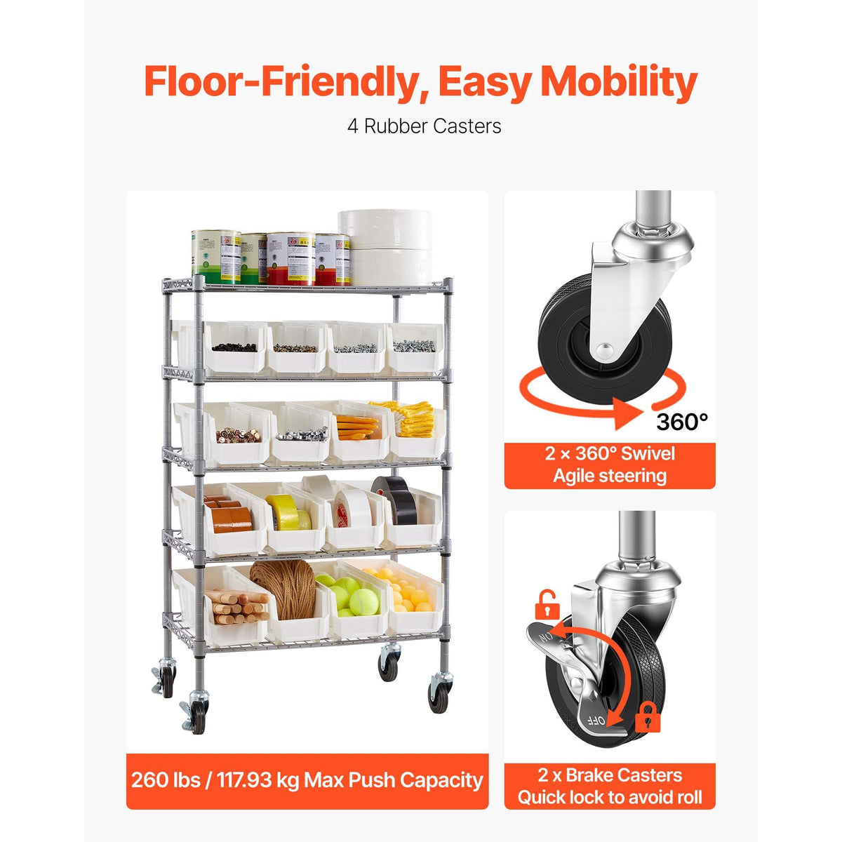 5-Tier Rolling Bin Storage Rack 16 Organizer Bins with Wheels