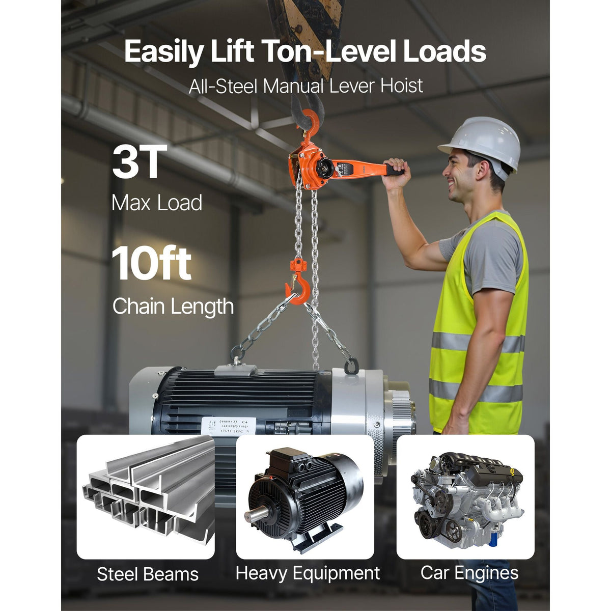 Heavy Duty Manual Lever Chain Hoist 3T 6600LBS Capacity Come Along 10FT Lift G80 Alloy Steel Chain