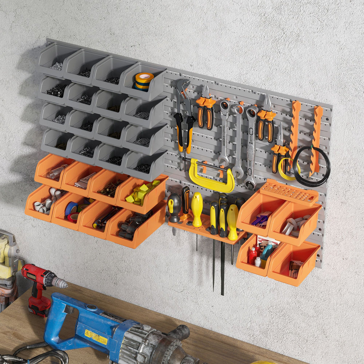 44 PCS Wall Mounted Pegboard Tool Organizer Rack Kit with Various Sized Storage Bins, Pegboard and Hooks, Orange