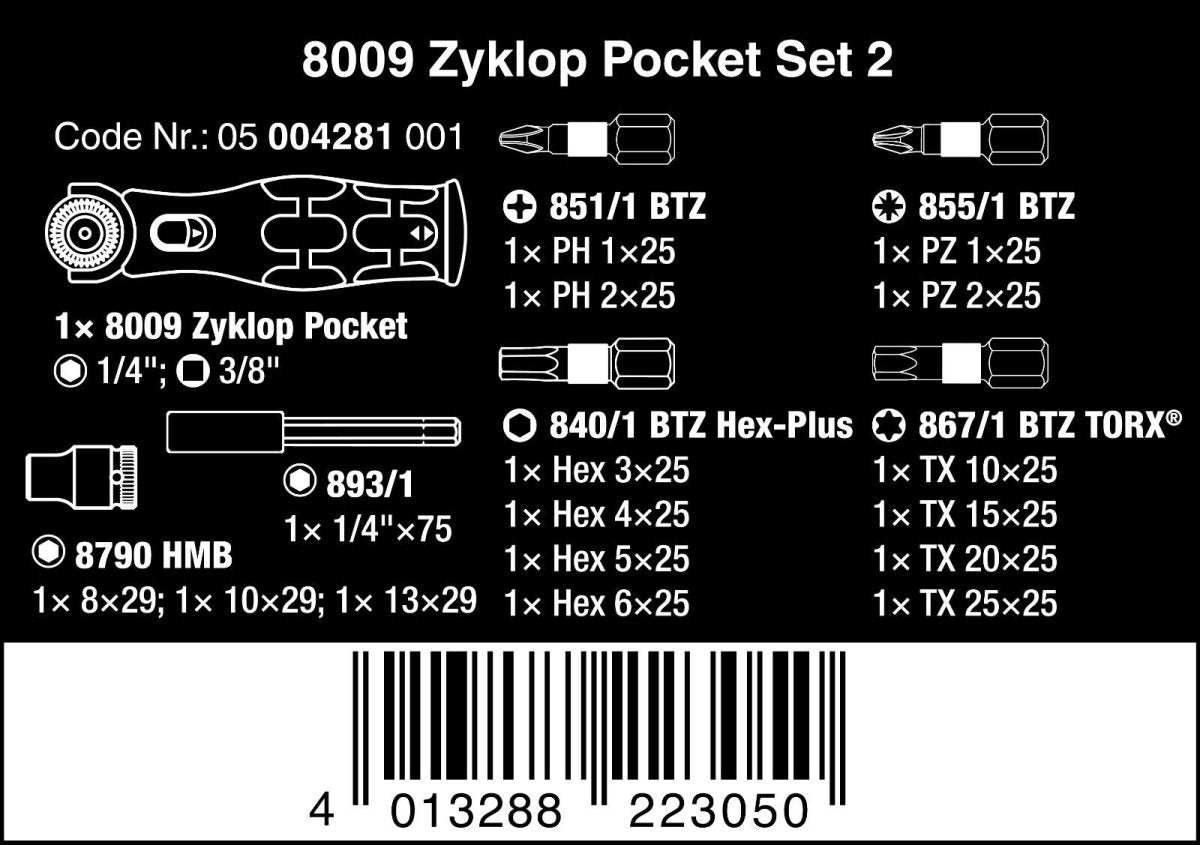 Wera 8009 Zyklop Pocket Set 2 Socket Wrench Set 3/8" Drive Metric 05004281001