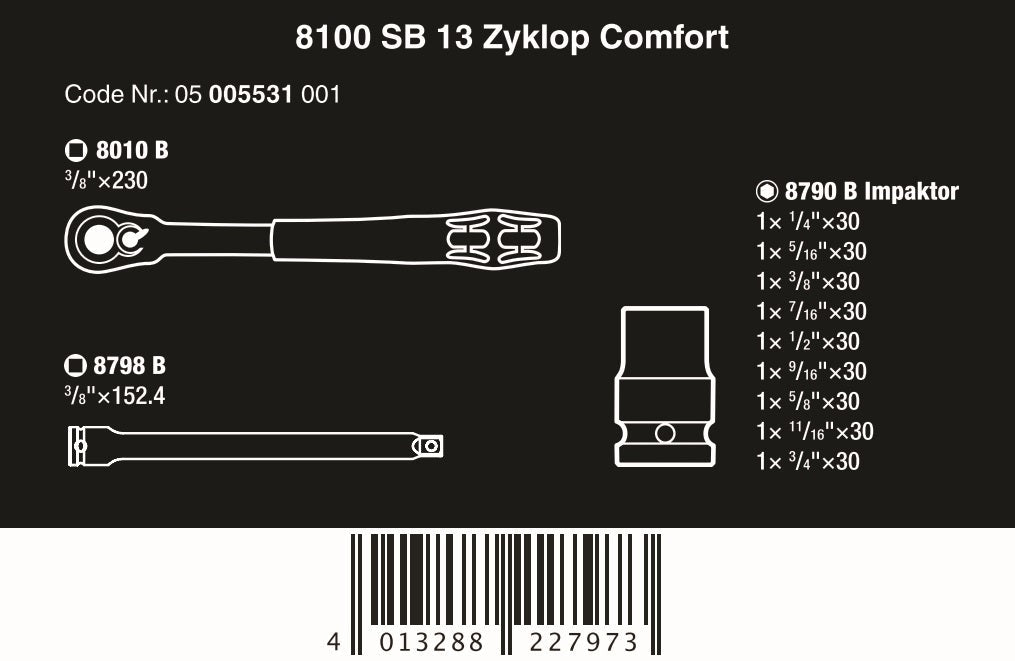 Wera 8100 SB 13 Zyklop Comfort Ratchet Set 3/8" Drive SAE 05005531001