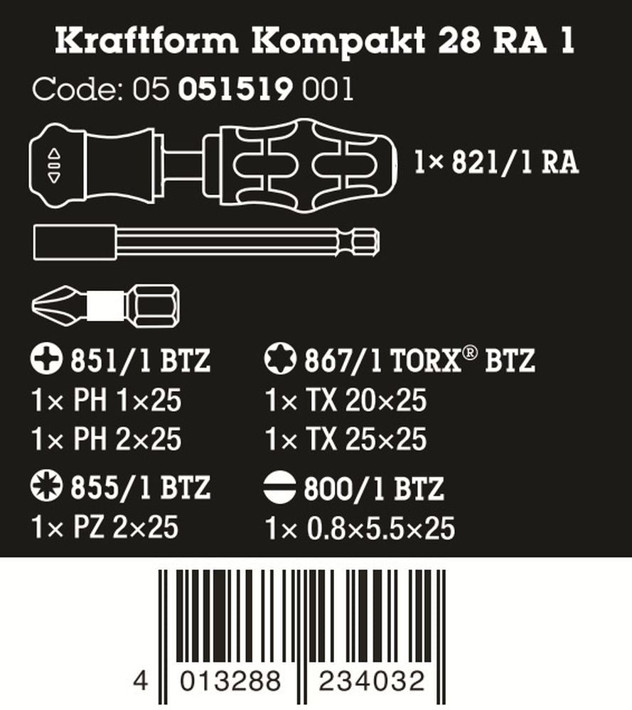 Wera Kraftform Kompakt 28 RA 1 Ratcheting Screwdriver Set 6 Pieces 05051519001
